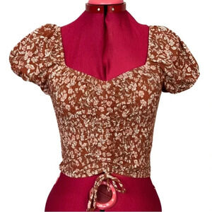 Ruched front/back floral puff sleeve knit adjustable front elasticized waist